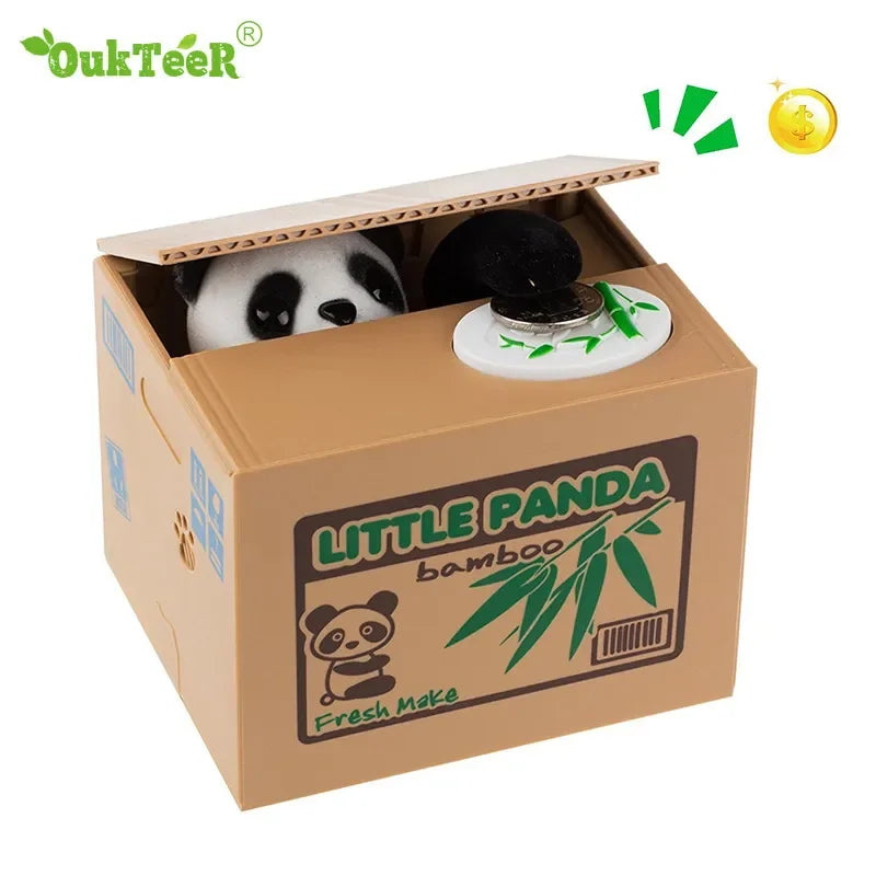 A cardboard box containing an interactive coin bank shaped like a panda, featuring bamboo elements for kids.