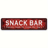 Vintage metal sign for a Snack Bar with text listing popcorn candy ice cream cream hot dog's