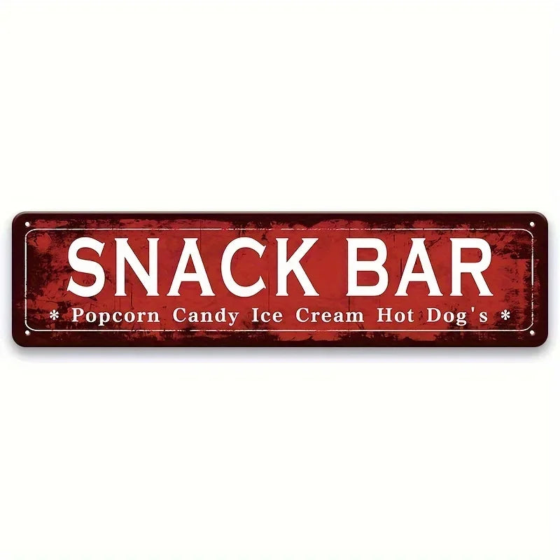 Vintage metal sign for a Snack Bar with text listing popcorn candy ice cream cream hot dog's