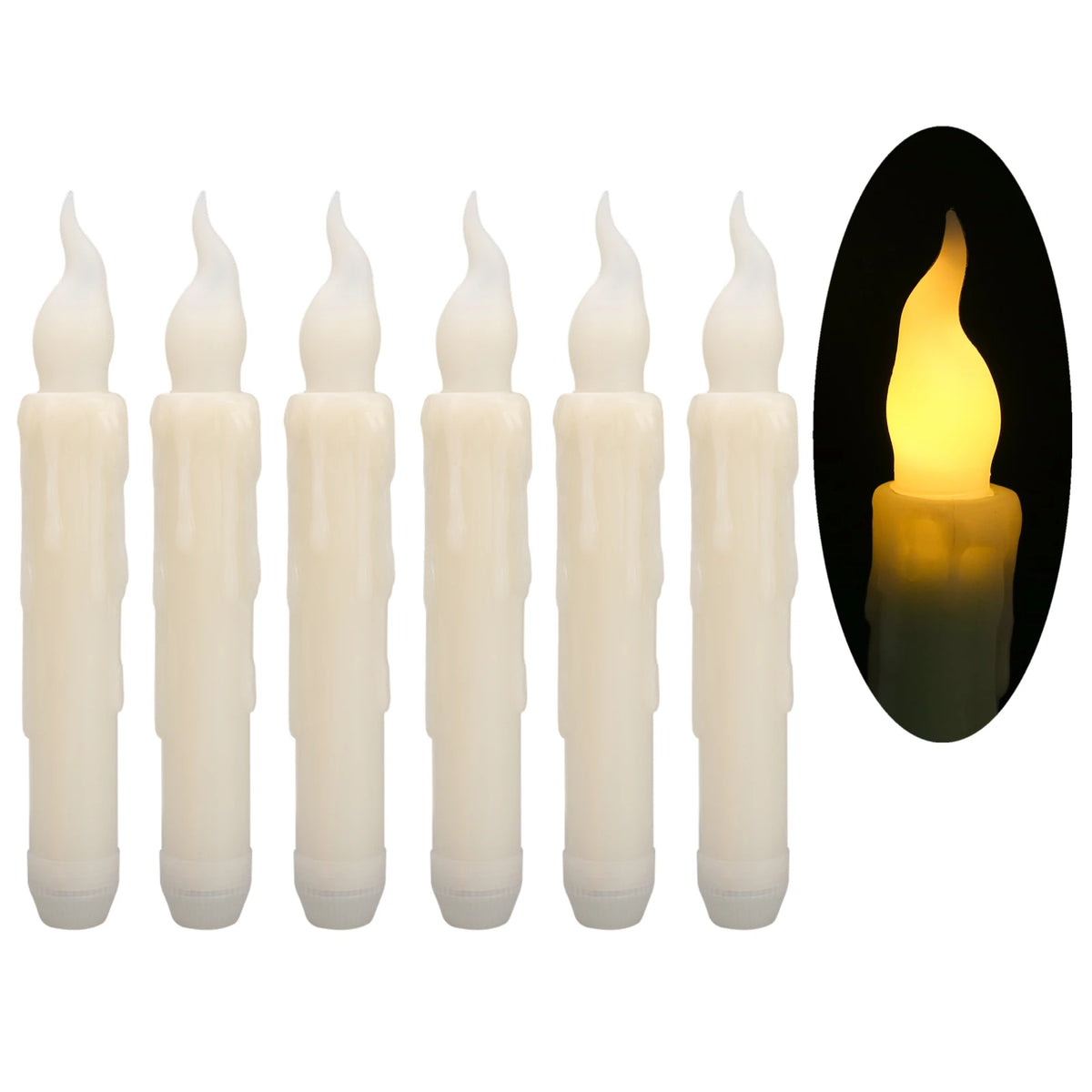 A set of six white taper candles with fluted tops, shown next to a lit candle in a black oval.