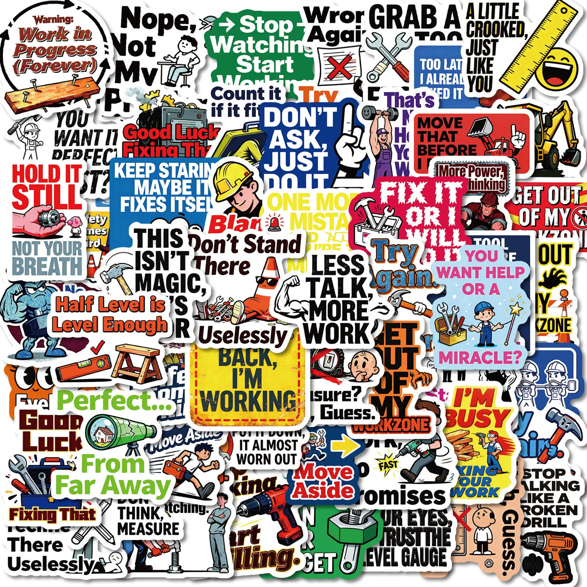 A collection of funny text decals featuring various motivational and humorous phrases for phones, laptops, and luggage.