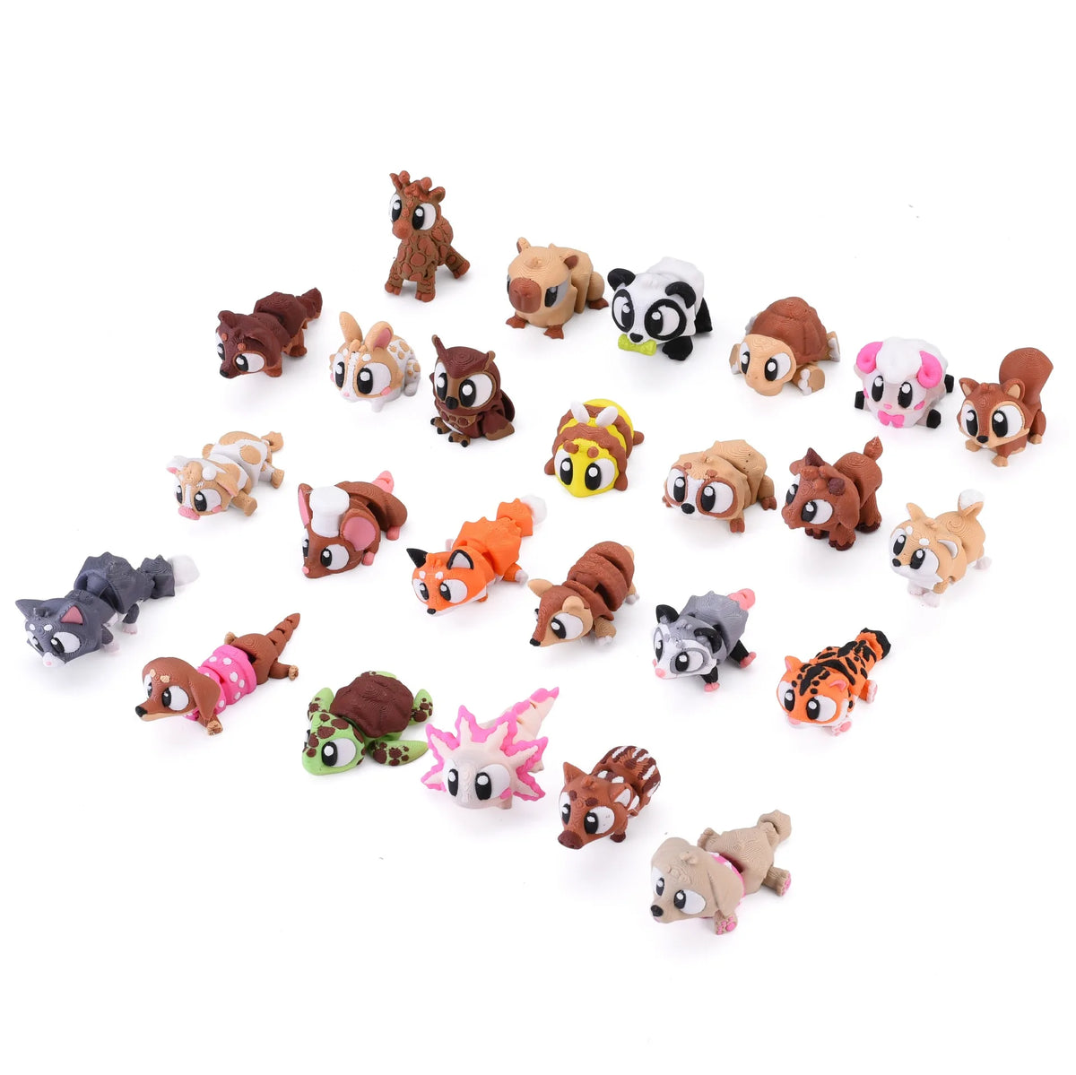 A collection of various brown and white animal figurines, including bears, cats, and dogs, for desk decor.