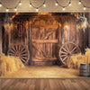 A rustic wooden barn door backdrop featuring hay bales and rustic decor for a wild west themed party.