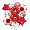 A collection of red and white football shaped foil balloons and a red star balloon for party decorations.
