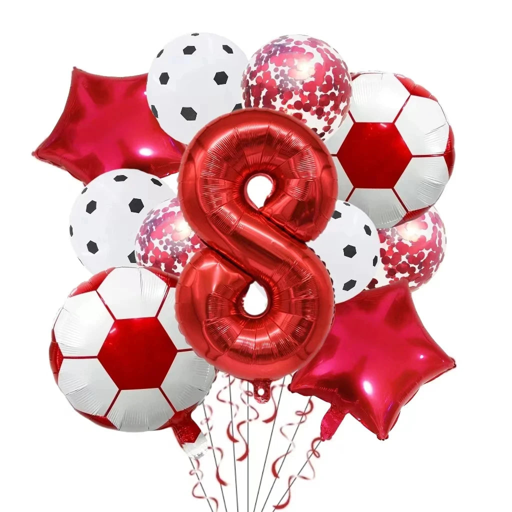 A collection of red and white football shaped foil balloons and a red star balloon for party decorations.