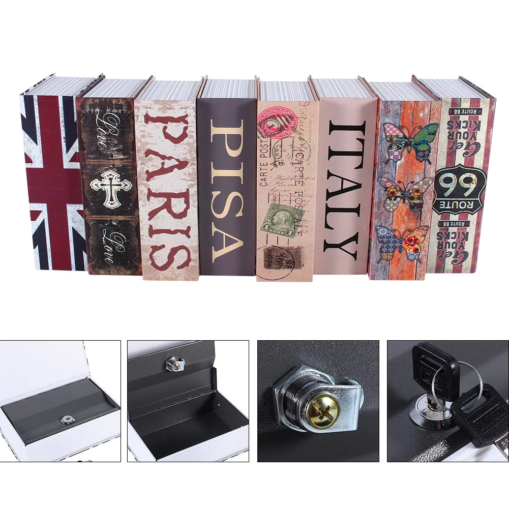 A set of six decorative dictionary lock boxes featuring various national themes and vintage labels.