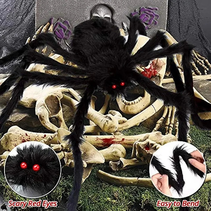 Giant plush black spider with scary red eyes and spindly legs lying on a bone structure.