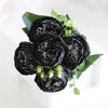 A dark purple silk rose and peony artificial bouquet featuring deep black flowers and green foliage.