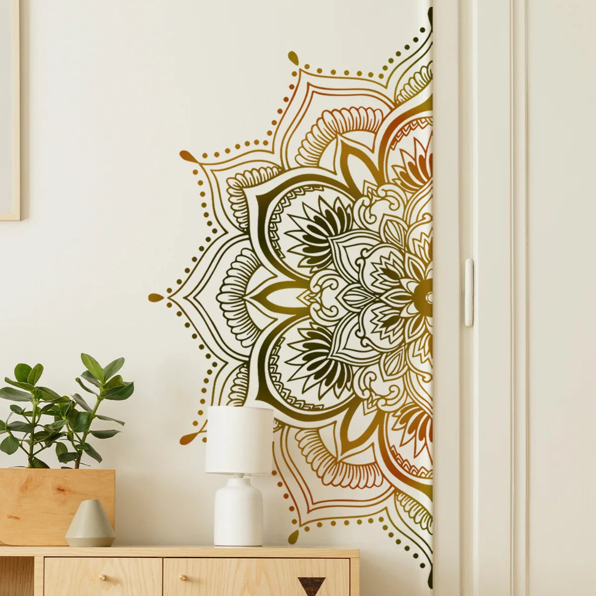 Autocollant mural vertical avec motif de lotus mandala détaillé dans des tons marron terreux et olive sur un mur blanc.