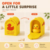 A yellow magnetic 3D printed mini mailbox with a duck design shown before and after opening.