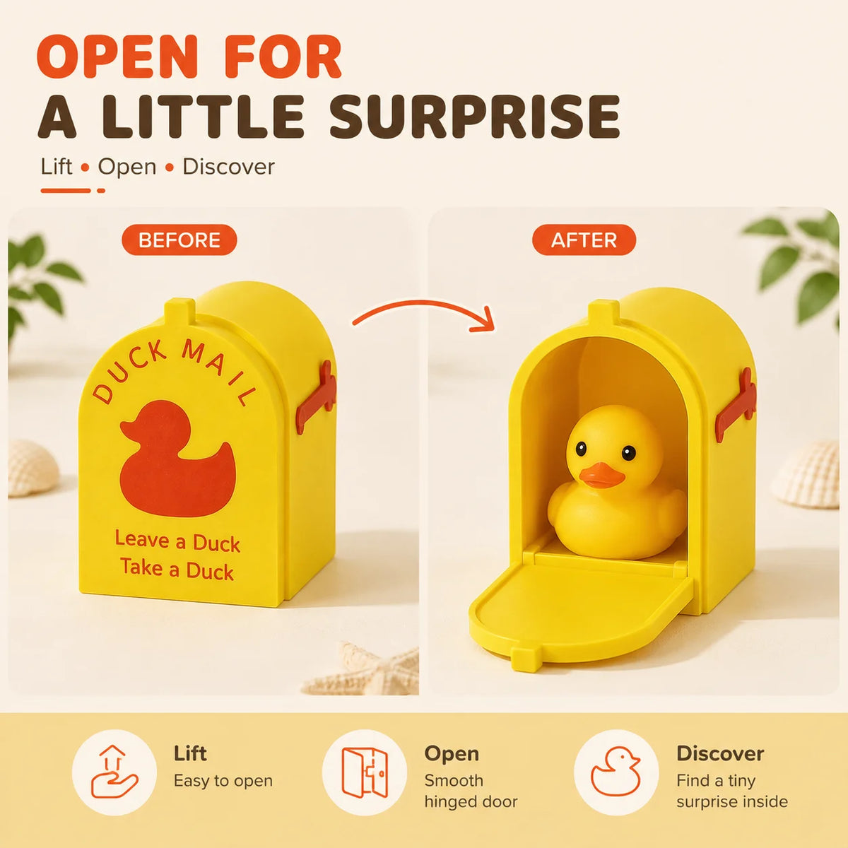 A yellow magnetic 3D printed mini mailbox with a duck design shown before and after opening.