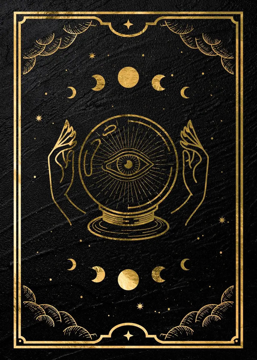 Gold-framed mystical tarot art featuring an eye within a sphere surrounded by celestial bodies and crescent moons on a black 