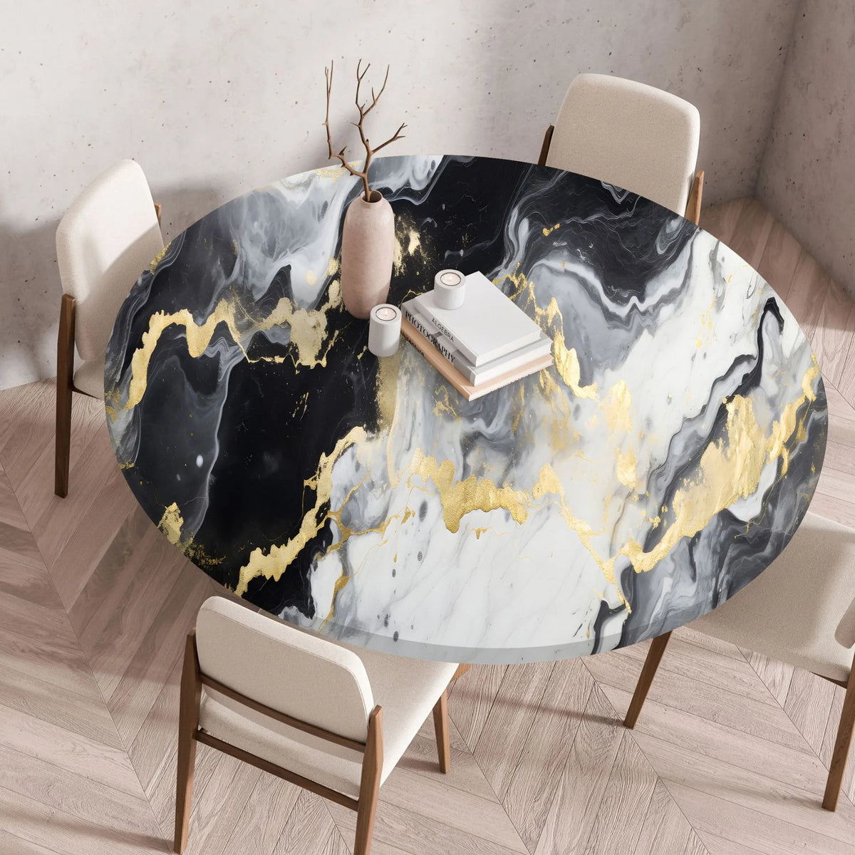 A round table with a black and gold marble print top set for dining.