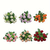 A collection of silk rose and eucalyptus bouquets in various shades of pink, peach, and red.