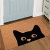 A black silhouette of a cat with a knife is printed on a brown, non-slip doormat.