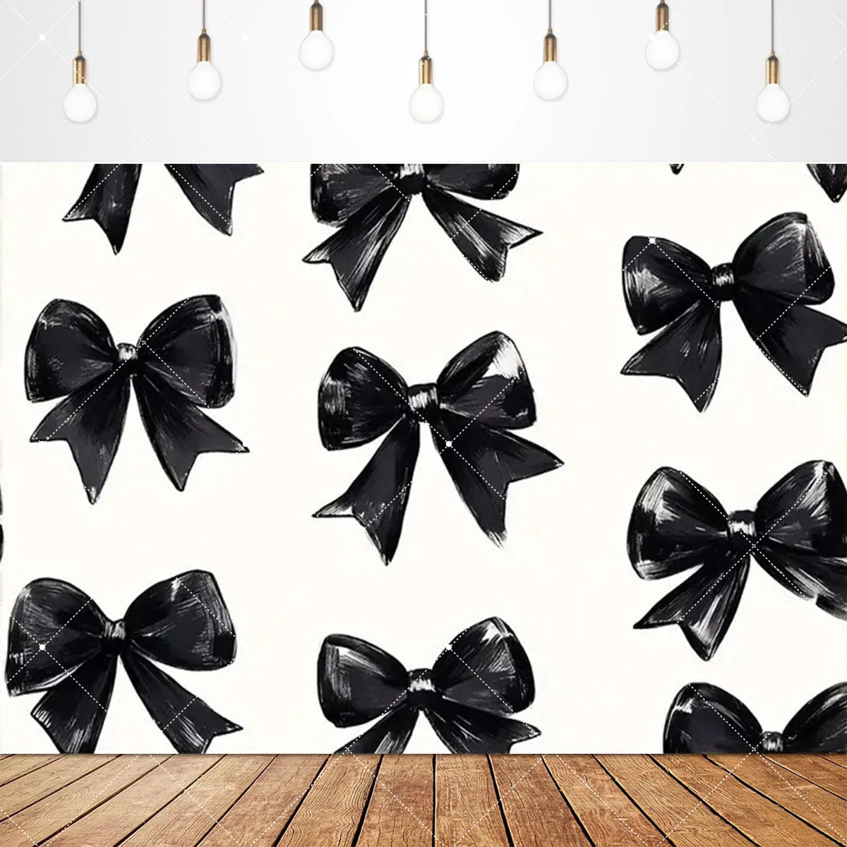 Black satin bow tie banners hanging against a white background