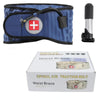 A blue inflatable traction belt with a red cross emblem and a black handle, shown alongside its packaging.