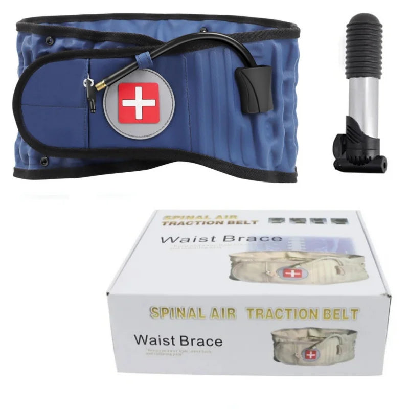 A blue inflatable traction belt with a red cross emblem and a black handle, shown alongside its packaging.