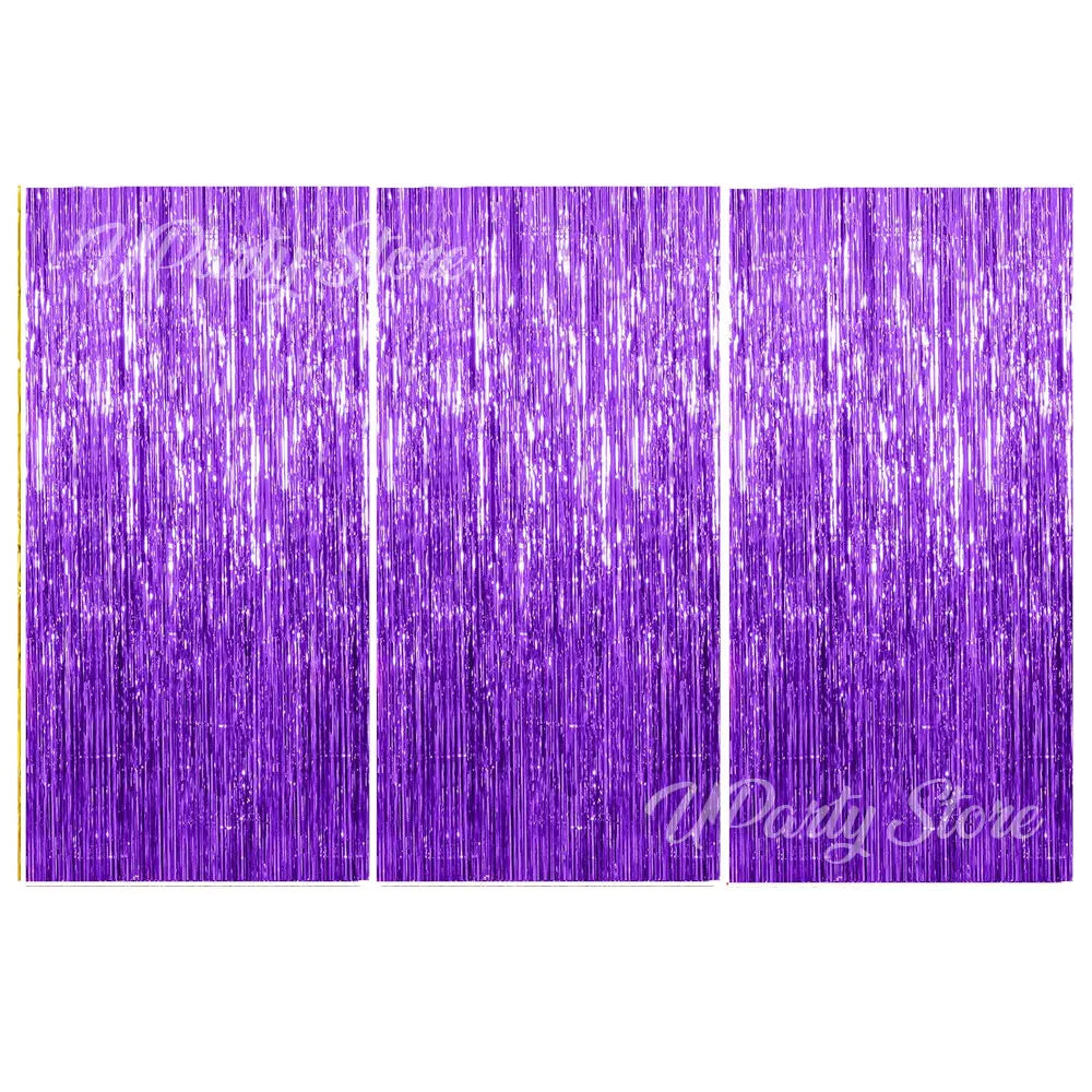 Three vertical panels of metallic purple fringe curtains used for party backdrop decor.