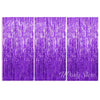 Three vertical panels of metallic purple foil fringe curtains for party backdrop decor