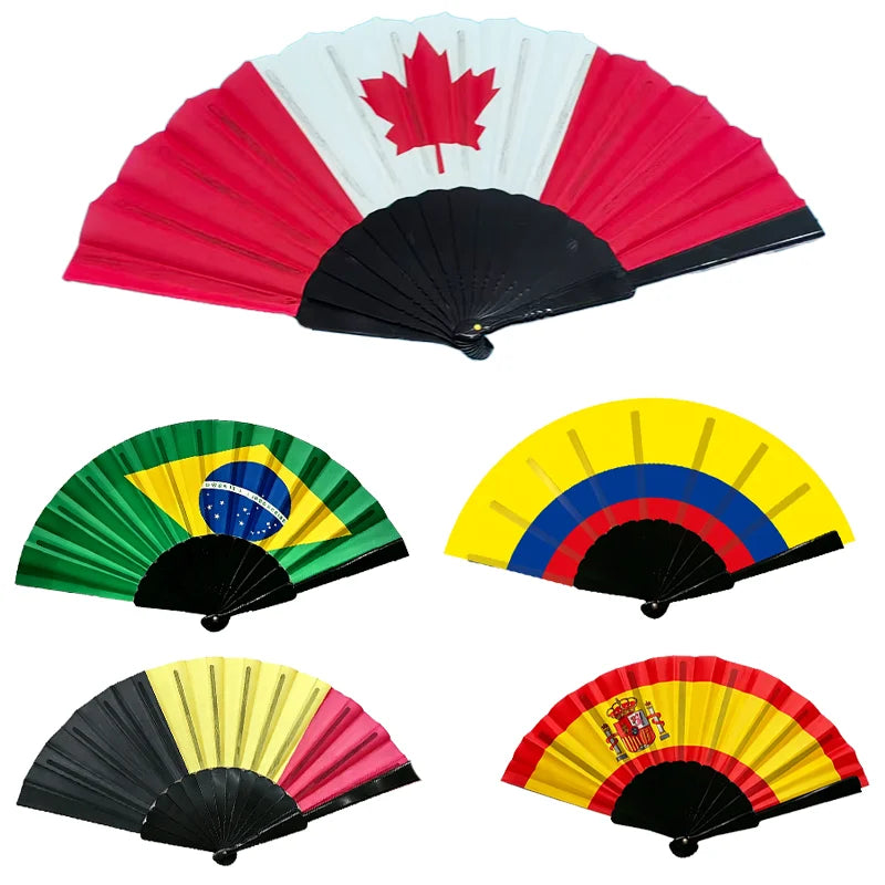 Folding fan featuring the flag of Canada, Brazil, and Mexico.