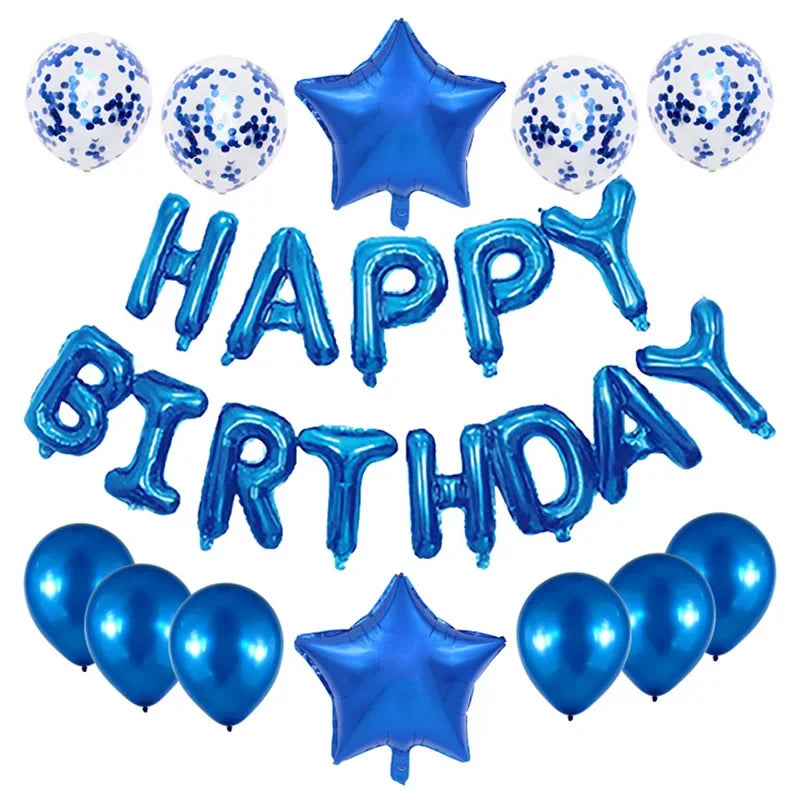 A collection of rose gold foil letter balloons and star-shaped balloons for birthday parties