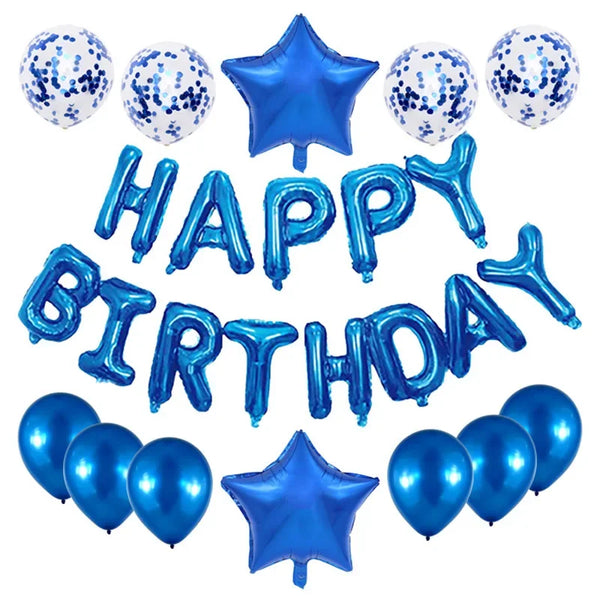 A collection of rose gold foil letter balloons and star-shaped balloons for birthday parties