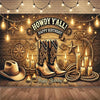 A rustic Wild West cowboy birthday backdrop featuring boots, a hat, and decorative elements for a party.