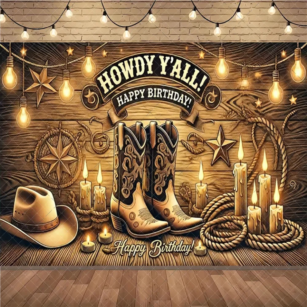 A rustic Wild West cowboy birthday backdrop featuring boots, a hat, and decorative elements for a party.