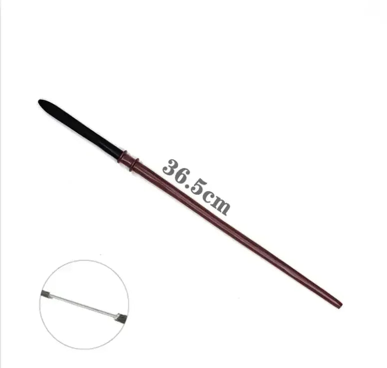 A long, thin black metal magic wand with a wooden handle, measuring 36.5cm.