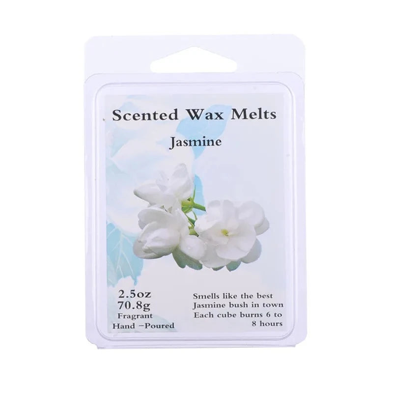 A package of scented wax melts with a jasmine fragrance labeled as Hand-Poured.