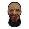 A realistic horror mesh balaclava mask with pale skin, intense blue eyes, and bloody facial wounds.