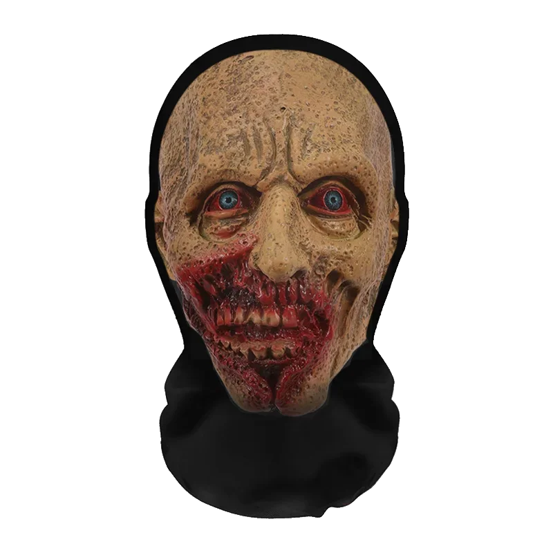 A realistic horror mesh balaclava mask with pale skin, intense blue eyes, and bloody facial wounds.