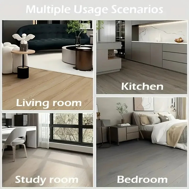 Multiple usage scenarios showing a kitchen, living room, study room, and bedroom with wood grain wallpaper.