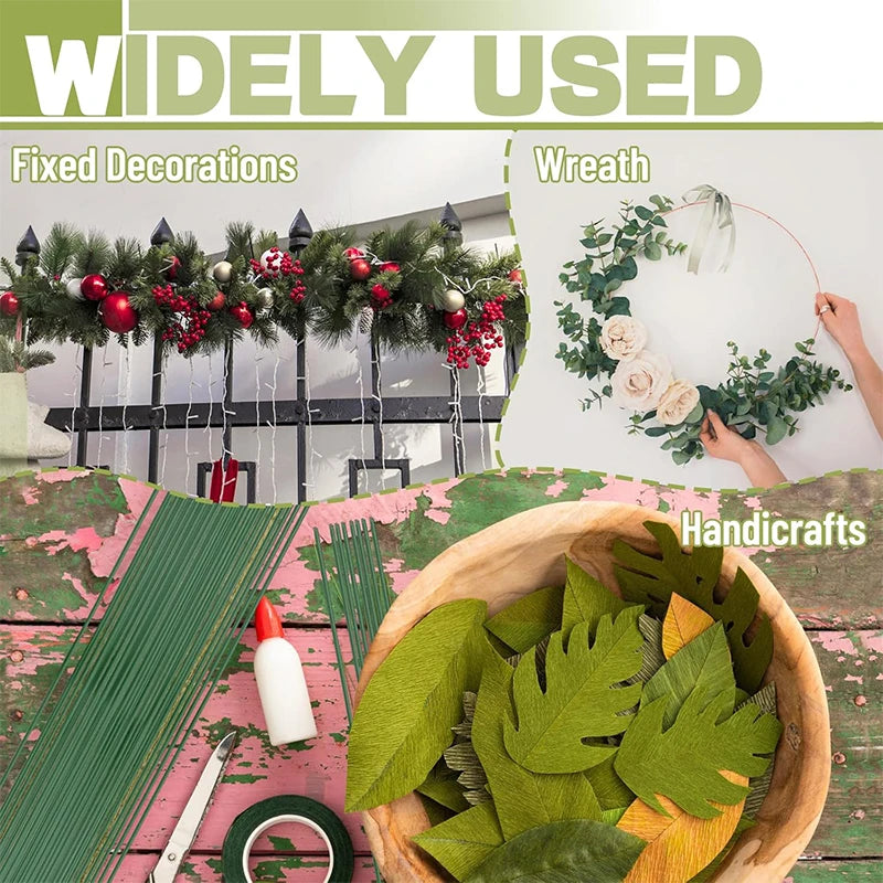 A collection of green floral wire stems and foliage used for handicrafts and wreath decorations.