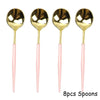Eight gold spoons with pink handles and bowls for disposable party tableware