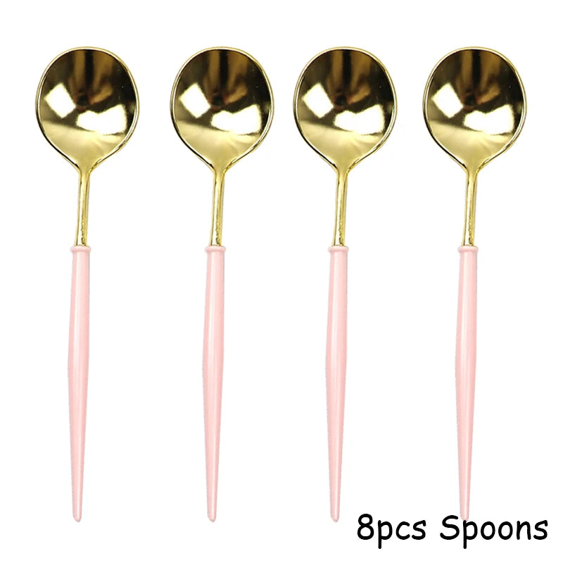 Eight gold spoons with pink handles and bowls for disposable party tableware