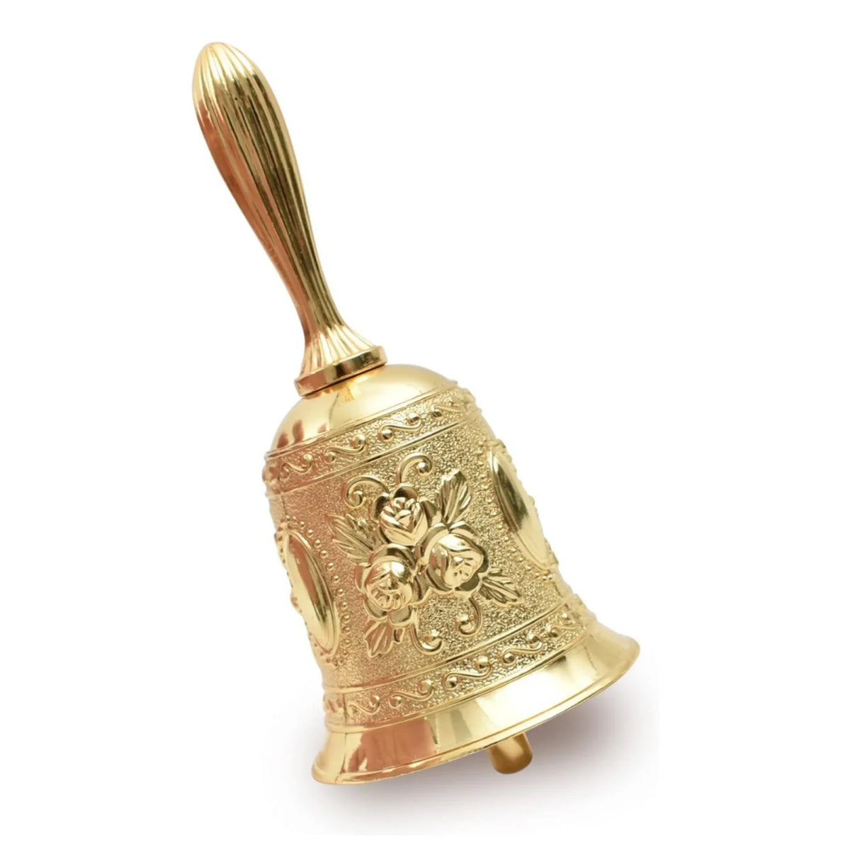 Ornate brass hand call bell with a golden finish and a tapered handle.