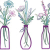 Set of three watercolor floral bouquets in glass bottles with purple glitter accents