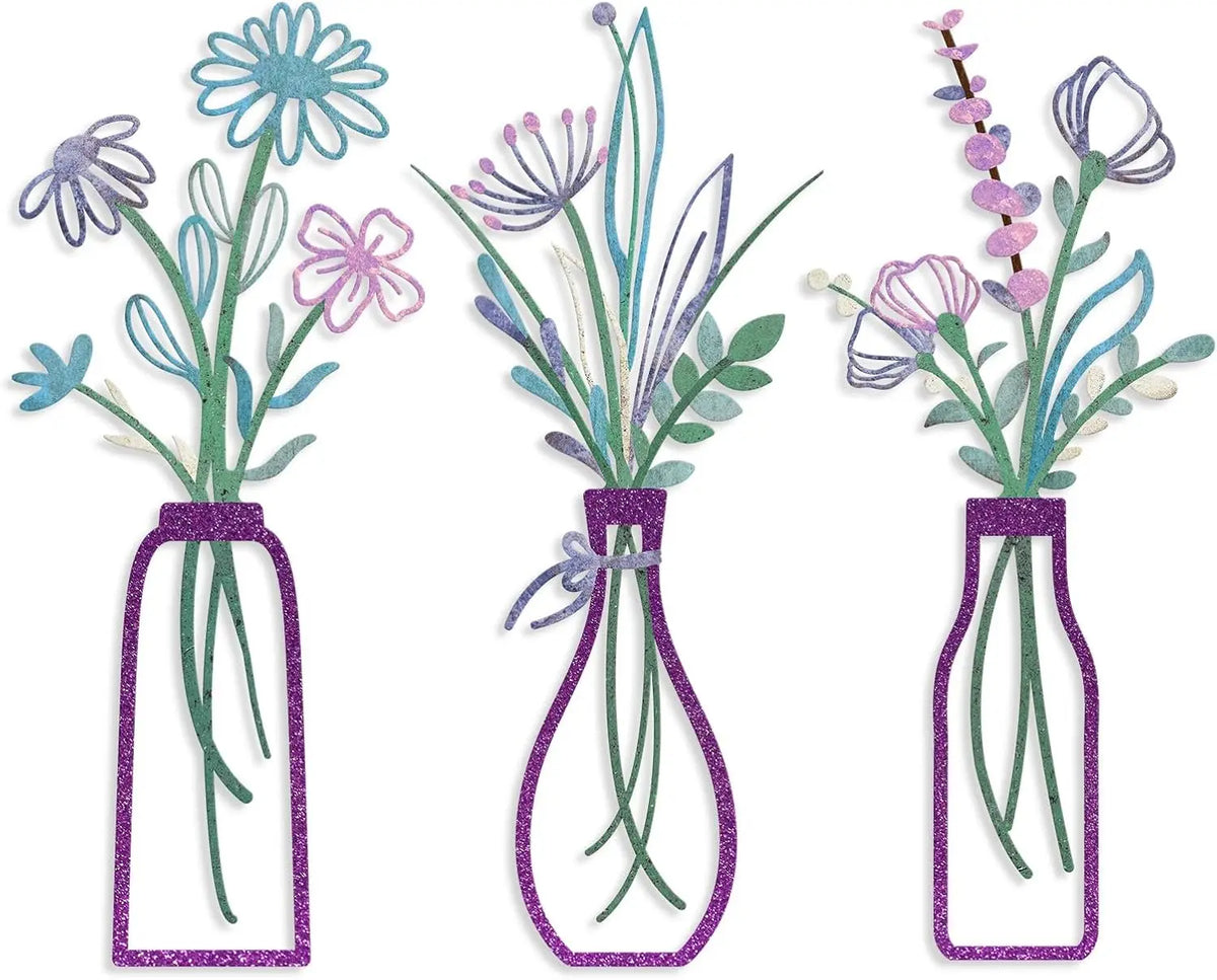 Set of three watercolor floral bouquets in glass bottles with purple glitter accents