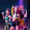 Three female characters in fantasy witch hunter attire posing against a dark, glowing backdrop.