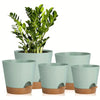A set of five light green self-watering plant pots with drainage holes sitting on a surface.