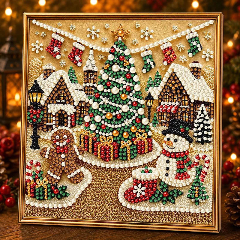 A detailed diamond painting featuring a Christmas tree decorated with pearls and gems, surrounded by festive winter scenes.