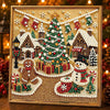 A detailed diamond painting featuring a festive Christmas scene with a decorated tree, gifts, and snowmen on a gold backgroun