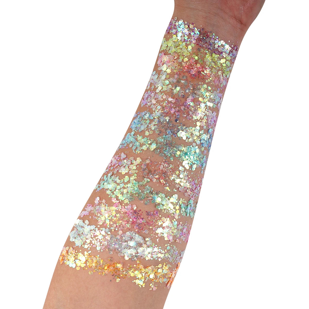 An arm covered in a glitter gel set featuring various iridescent and holographic colors.
