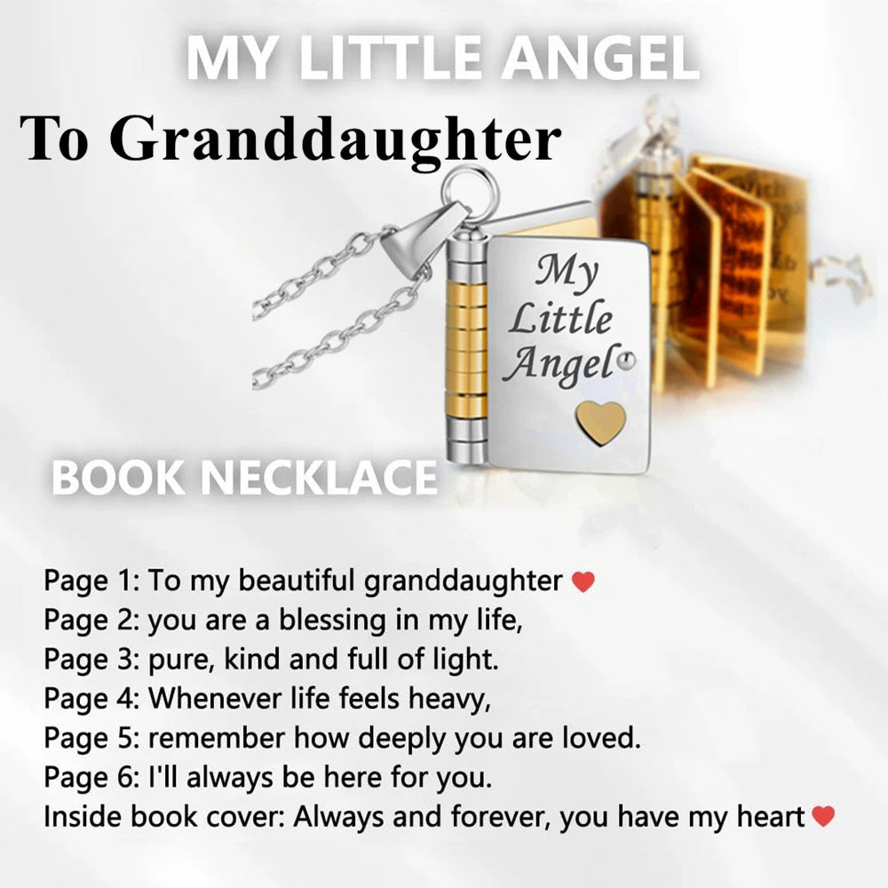 A silver book necklace with an engraved message for a granddaughter, featuring pages of text.