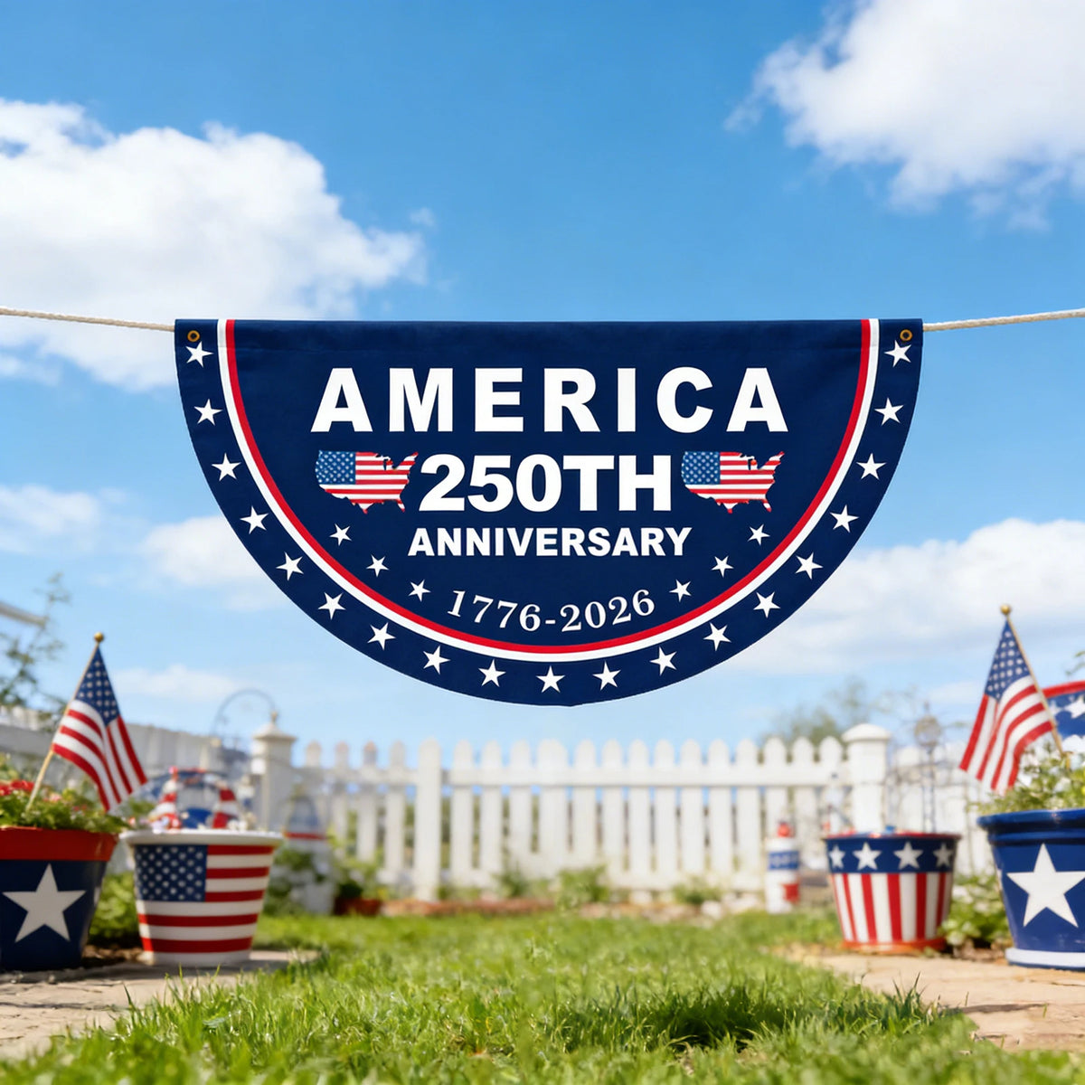 A dark blue bunting flag with the text AMERICA 250TH ANNIVERSARY and the years 1776-2026 strung between two poles under a blu
