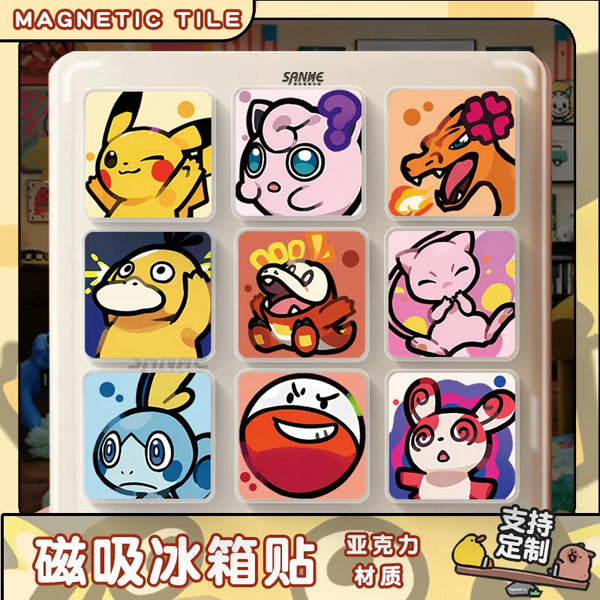 A set of magnetic tile fridge magnets featuring various Pokémon characters in colorful acrylic tiles.