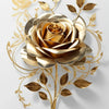 Arte floral de hoja de oro en pared con una rosa y hojas detalladas sobre fondo gris claro.