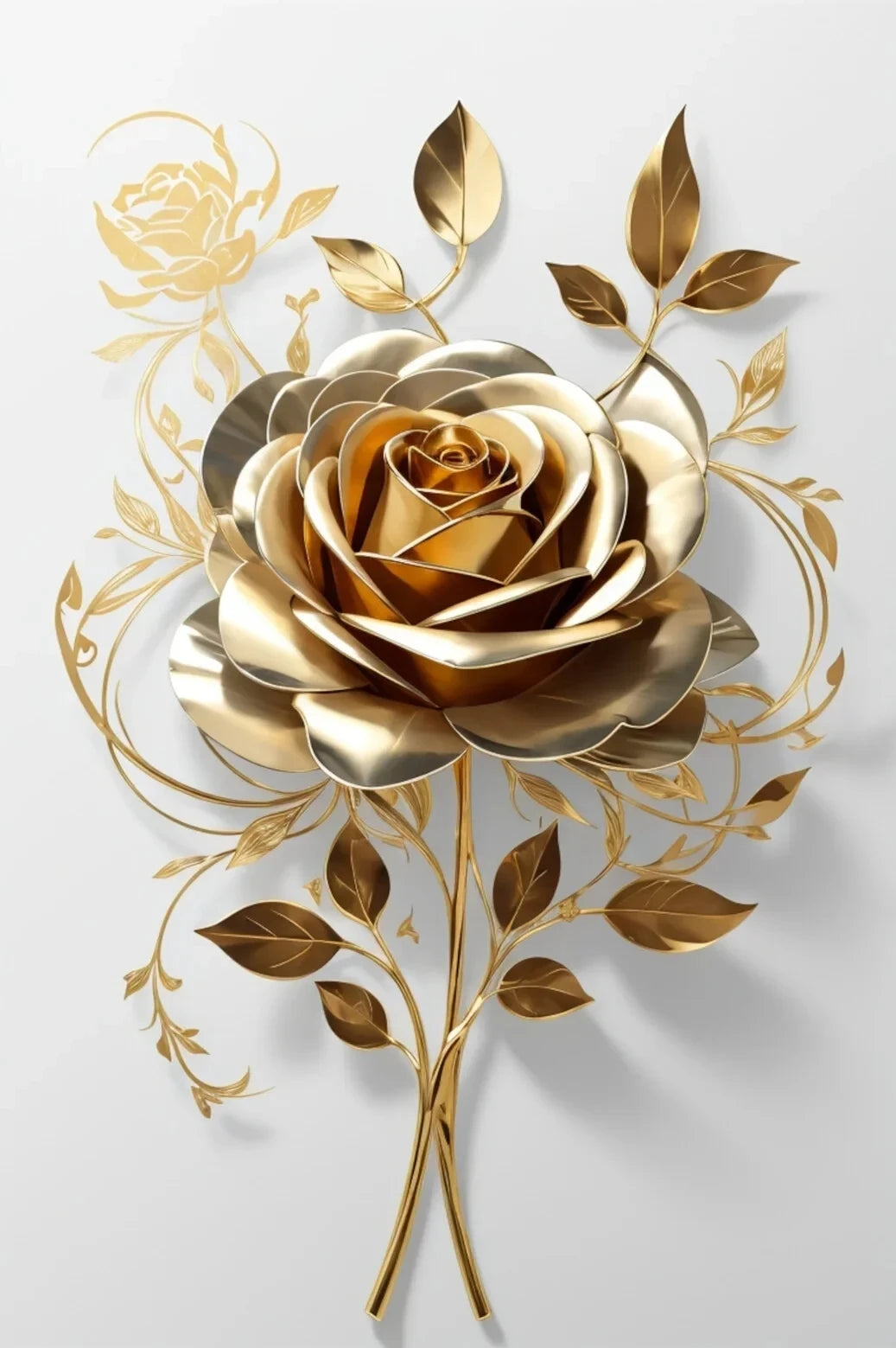Arte floral de hoja de oro en pared con una rosa y hojas detalladas sobre fondo gris claro.
